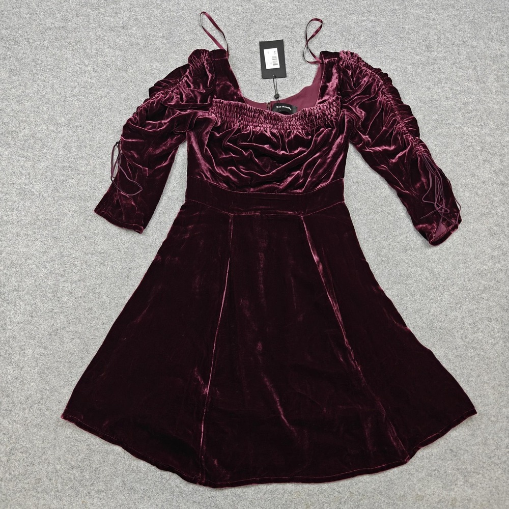 The Kooples Dress Womens XS Red Velvet Fit & Flare Square Neck Puff Sleeve New